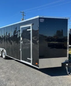 Nexhaul 8.5 x 24 V-Nose Enclosed Car Trailer with dual axles, glossy black exterior, side door, ramp rear door, and flame‑style graphics.